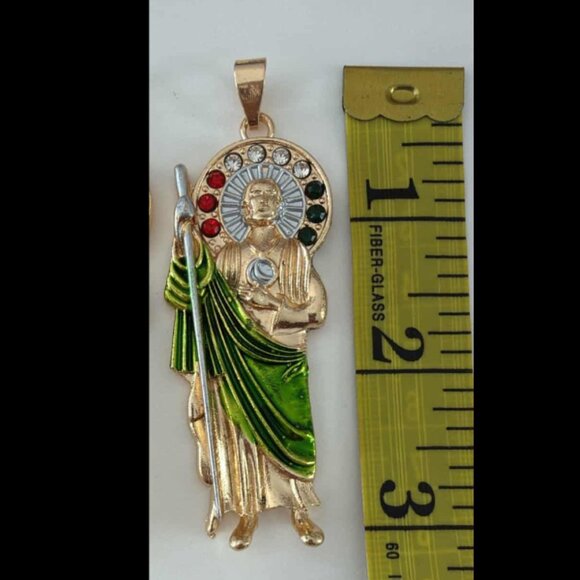 San Judas Tadeo 3" Big Pendant Necklace 14K GP Religious CZ Rope Torch Chain - Picture 4 of 6